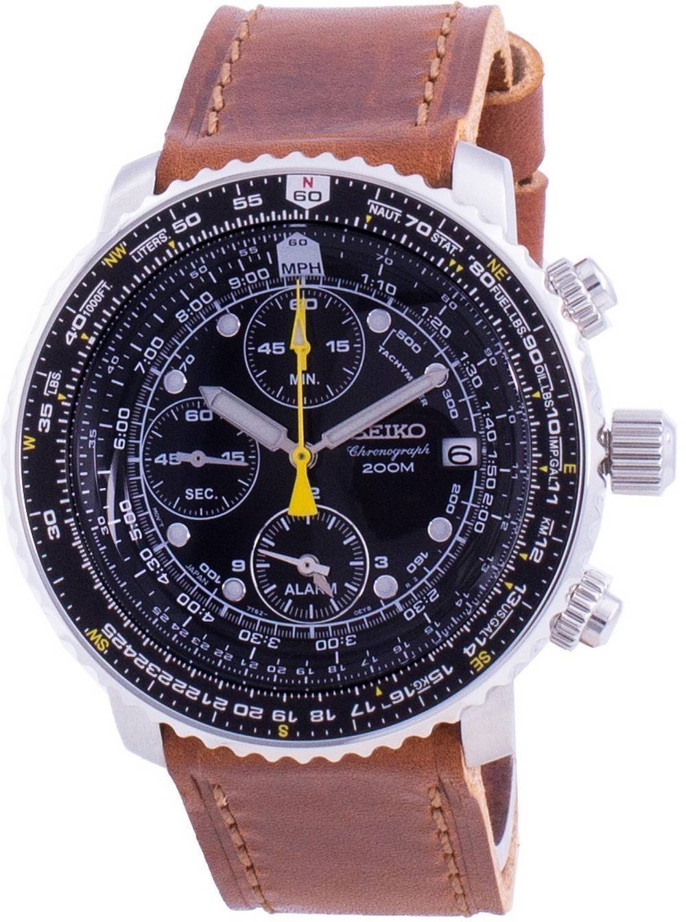 Seiko Flightmaster with Leather Strap Quartz Chronograph 200M Mens Watch